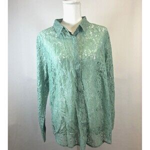 Wildfang The Empower Lace Button Up Blouse Sheer Mint Green Size Large NWT